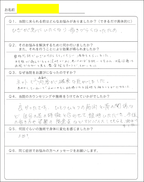 ６０代女性　半月板損傷のご感想